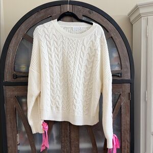 Elegant Cream Cable Knit Sweater with Pink Accents